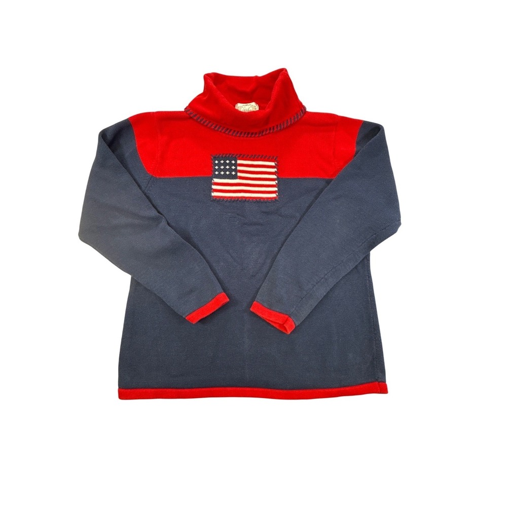 Stitches In Time American‎ Flag Sweater Womens Large Navy Red Cotton Mock Neck